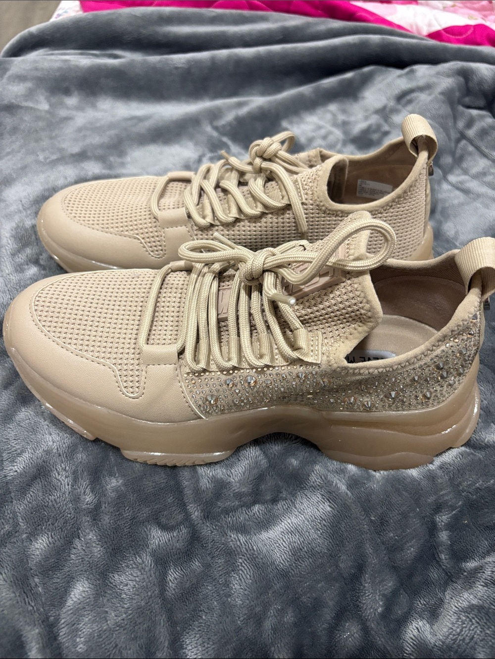 Steve Madden Beige Knit Platform Sneakers with Crystal Embellishment